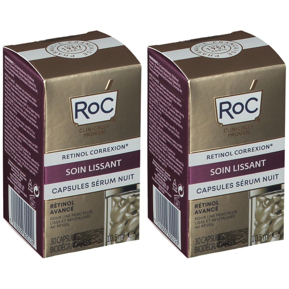 Twee RoC dozen. Tekst: RETINOL CORREXION, SOIN LISSANT, CAPSULES SÉRUM NUIT. Bevat 30 capsules. Goud en bordeaux.