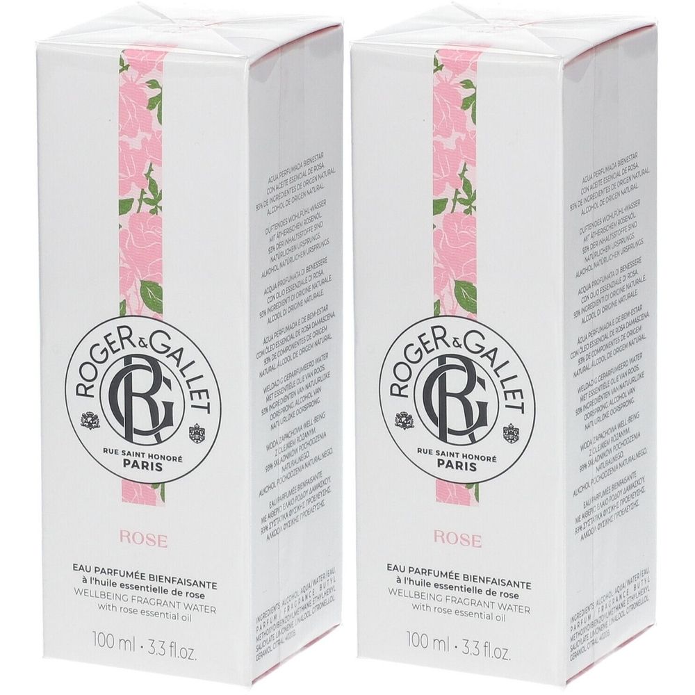 Twee witte dozen met roze rozenpatroon. Opschrift: Roger & Gallet, Rose Eau Parfumée Bienfaisante.