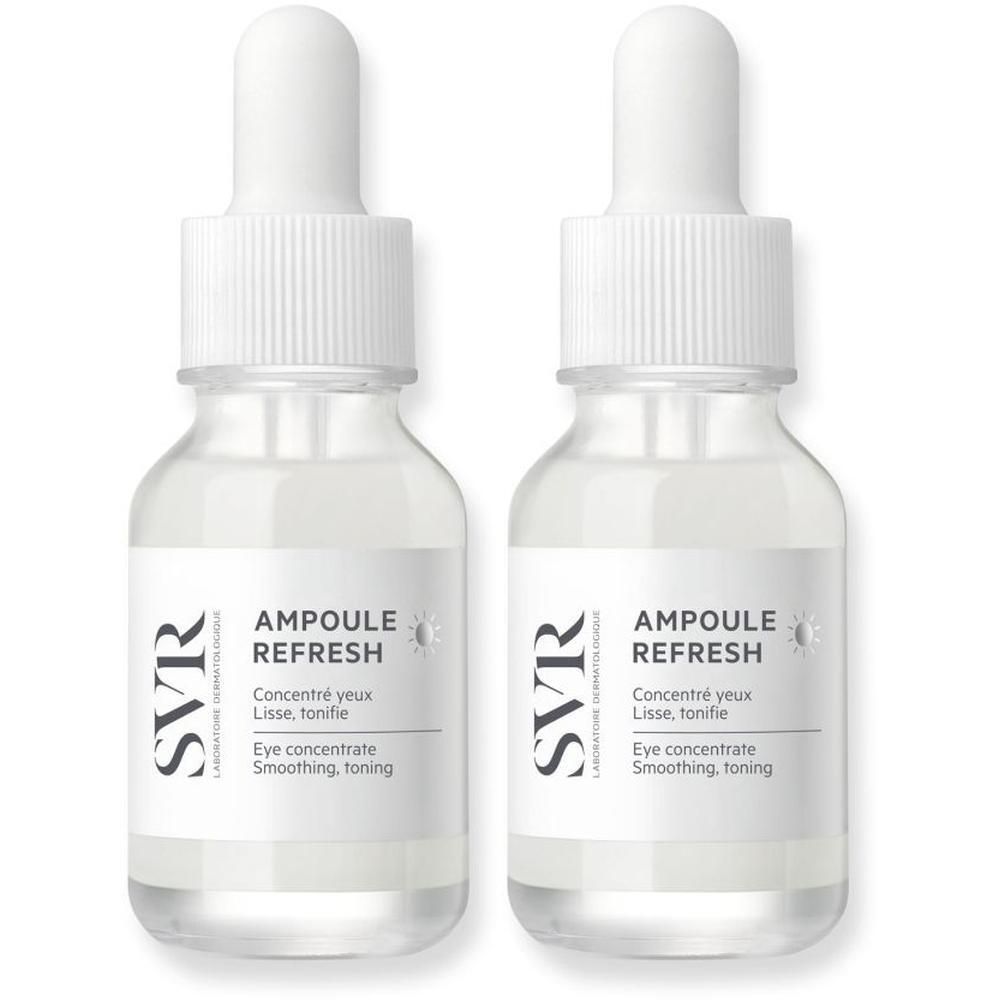 Deux flacons avec bouchon blanc et étiquette. Inscription : SVR, Ampoule Refresh, Eye concentrate.
