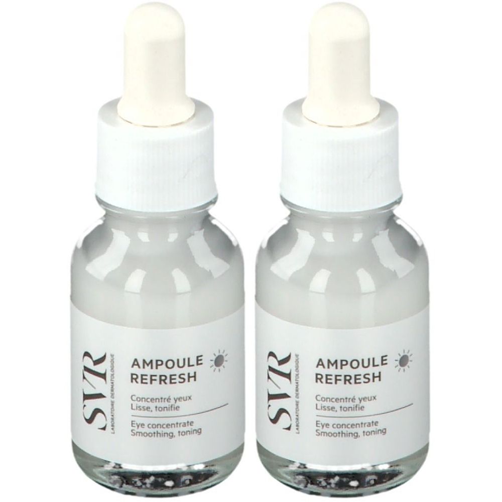 Twee flesjes met witte dop en etiket. Opschrift: SVR, Ampoule Refresh, Eye concentrate.