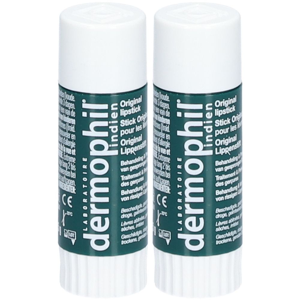 Twee lippenstiften met witte dop en groene huls. Opschrift: dermophil indien, Original Lipstick.