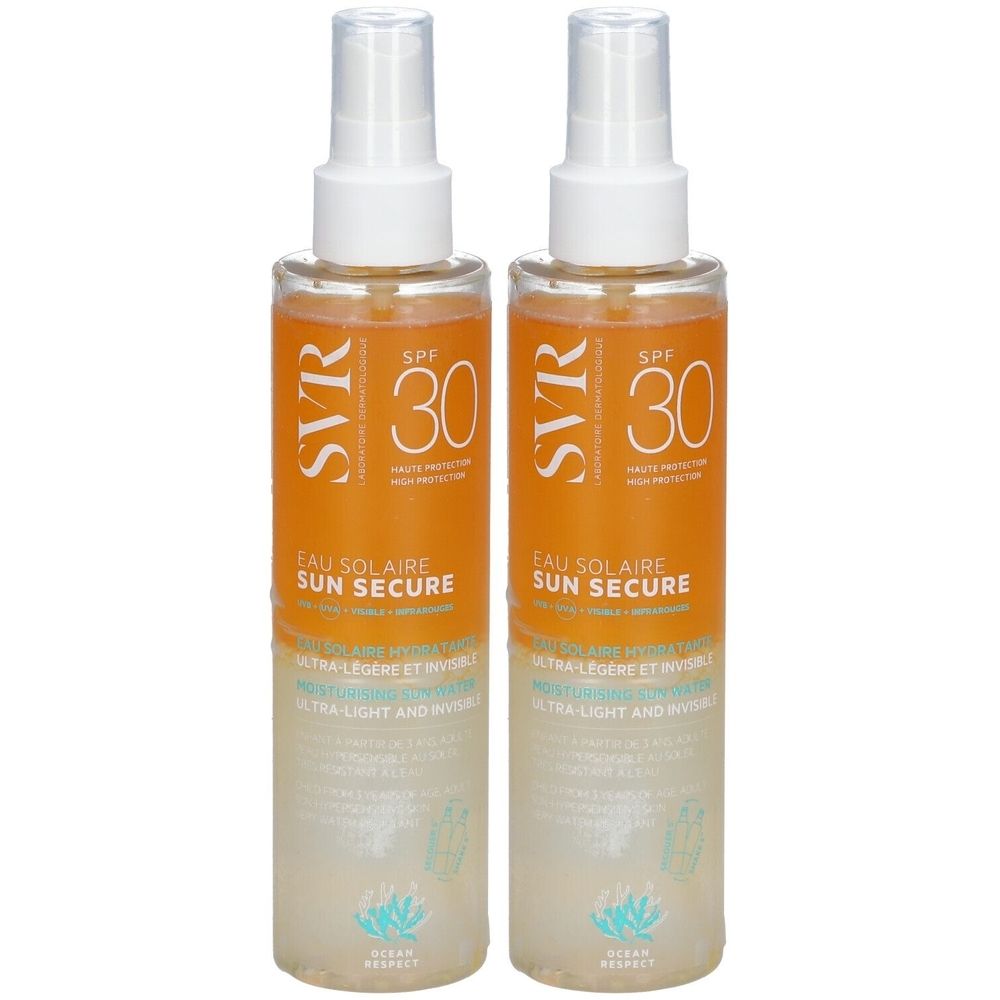 Deux flacons avec vaporisateur. Inscription SVR, SPF 30, Sun Secure. Liquide orange visible. Accents blancs et bleus.