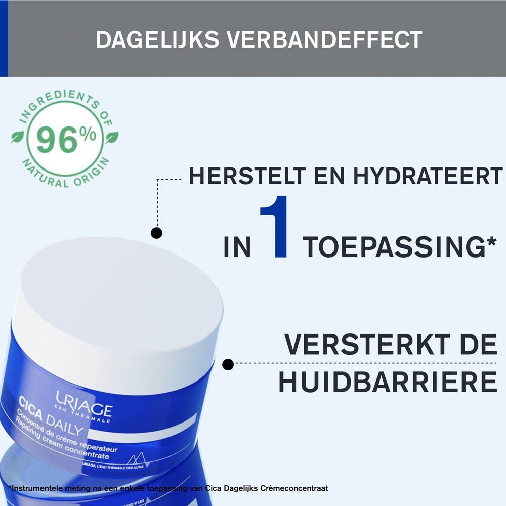 Blauw potje met witte deksel. Tekst: Uriage CICA Daily. Tekst: Herstelt en hydrateert in 1 toepassing. Versterkt de huidbarrière.