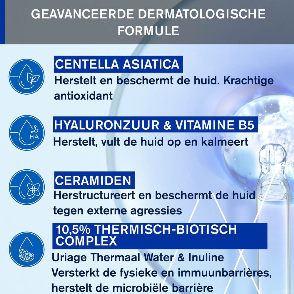 Tekst met ingrediënten: Centella Asiatica, Hyaluronzuur, Vitamine B5, Ceramiden, Thermisch-biotisch complex. Tekst in het Nederlands.