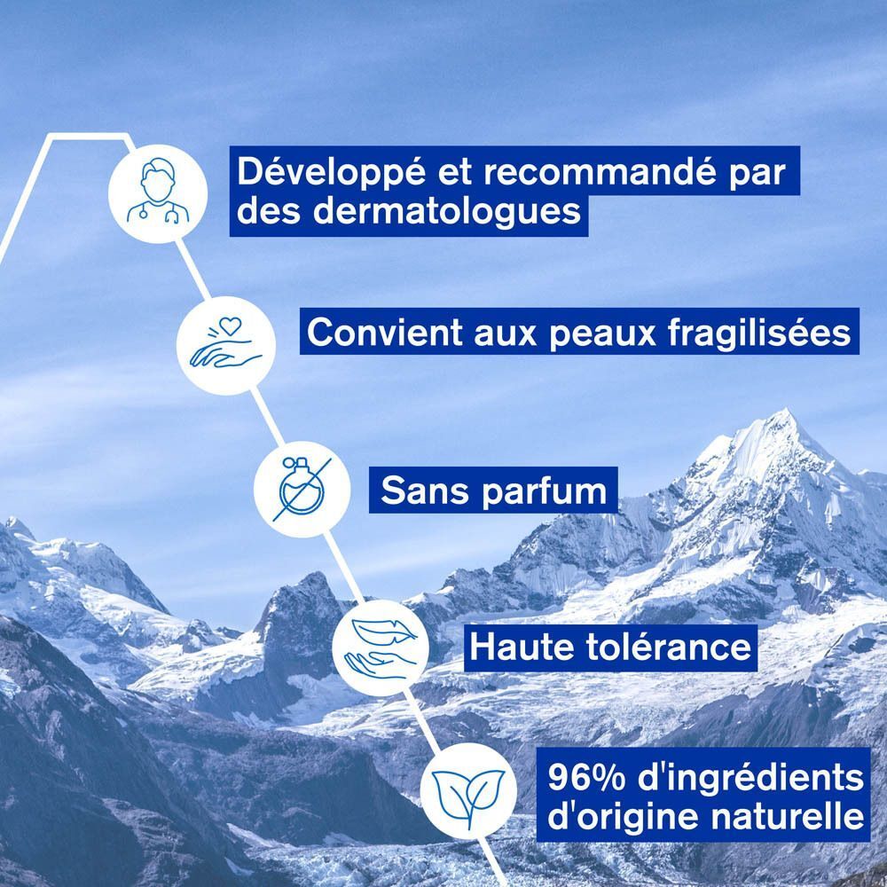 Texte avec icônes et texte: Développé par des dermatologues, convient aux peaux fragilisées, sans parfum, haute tolérance, 96% ingrédients naturels.