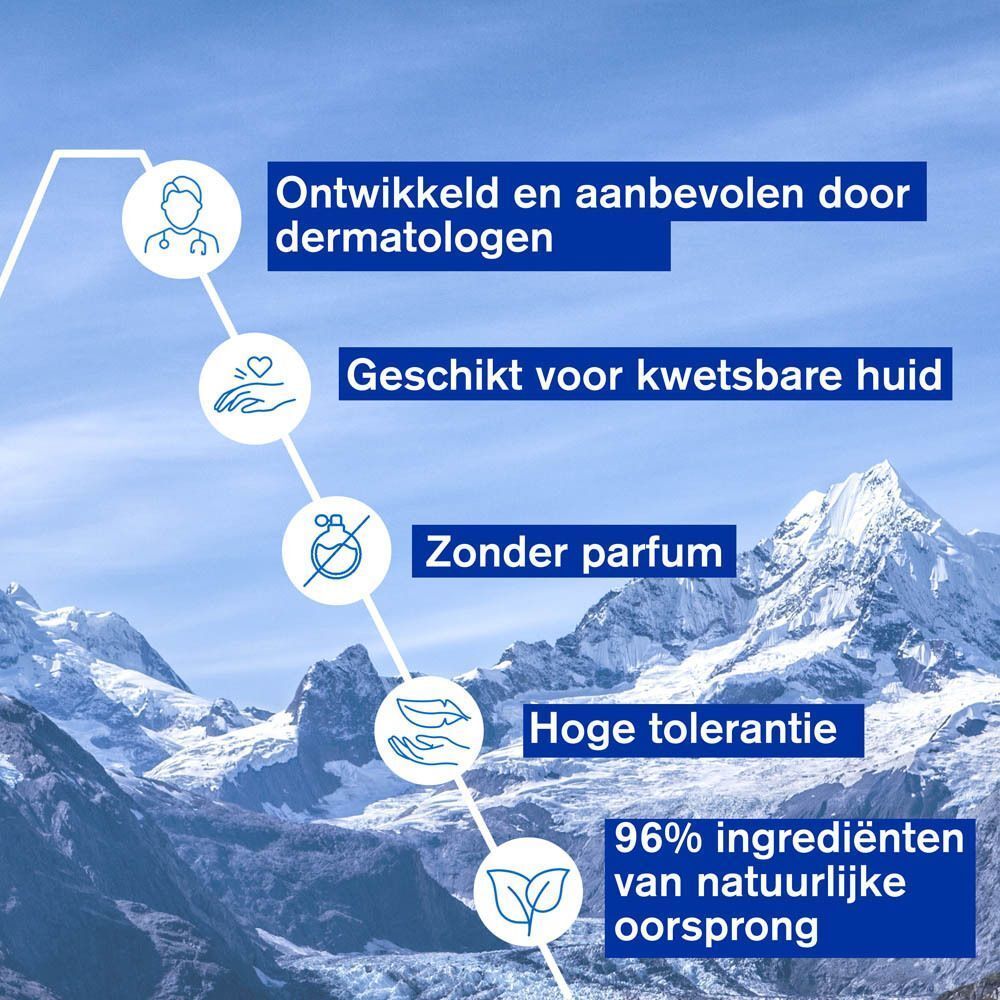 Tekst met iconen en tekst: Ontwikkeld door dermatologen, geschikt voor kwetsbare huid, zonder parfum, hoge tolerantie, 96% natuurlijke ingrediënten.