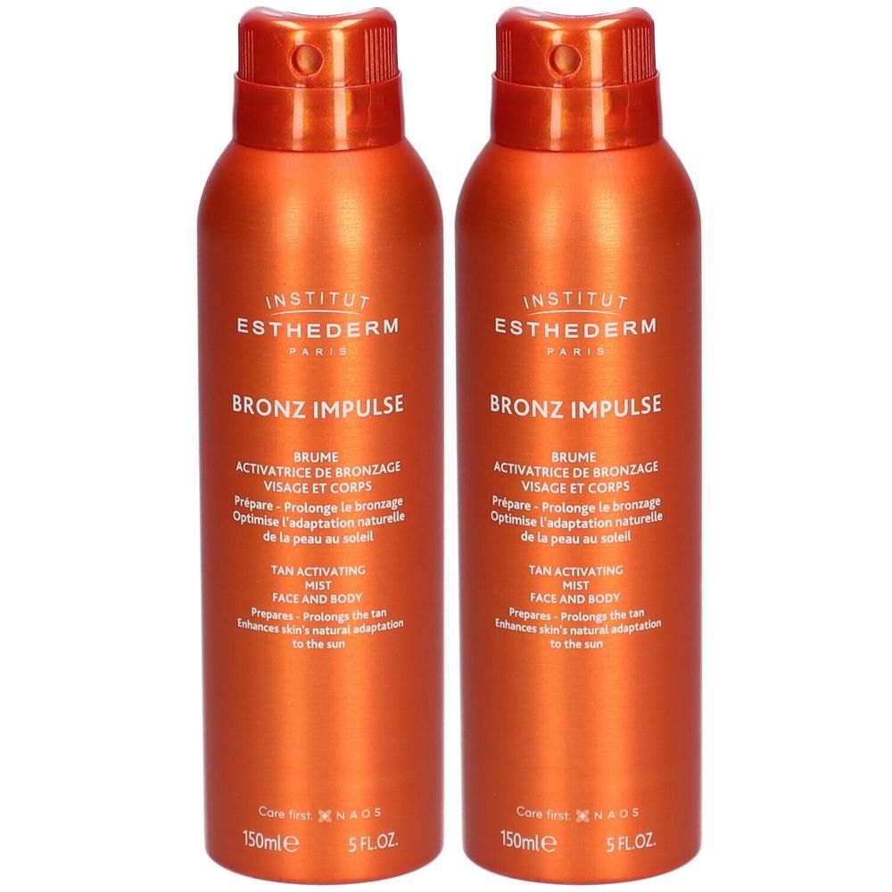 Deux flacons orange Institut Esthederm Bronz Impulse. Inscription: Bronz Impulse, Brume Activatrice de Bronzage Visage et Corps.