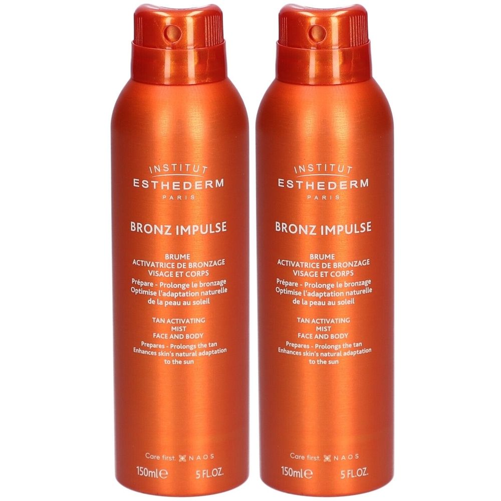 Twee oranje sprays, Institut Esthederm Bronz Impulse. Tekst: Bronz Impulse, Brume Activatrice de Bronzage Visage et Corps.