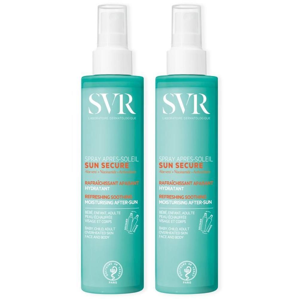 Twee sprays met witte sproeikop en turquoise fles. Opschrift: SVR, SUN SECURE, Spray Après-Soleil. Met certificeringslogo.