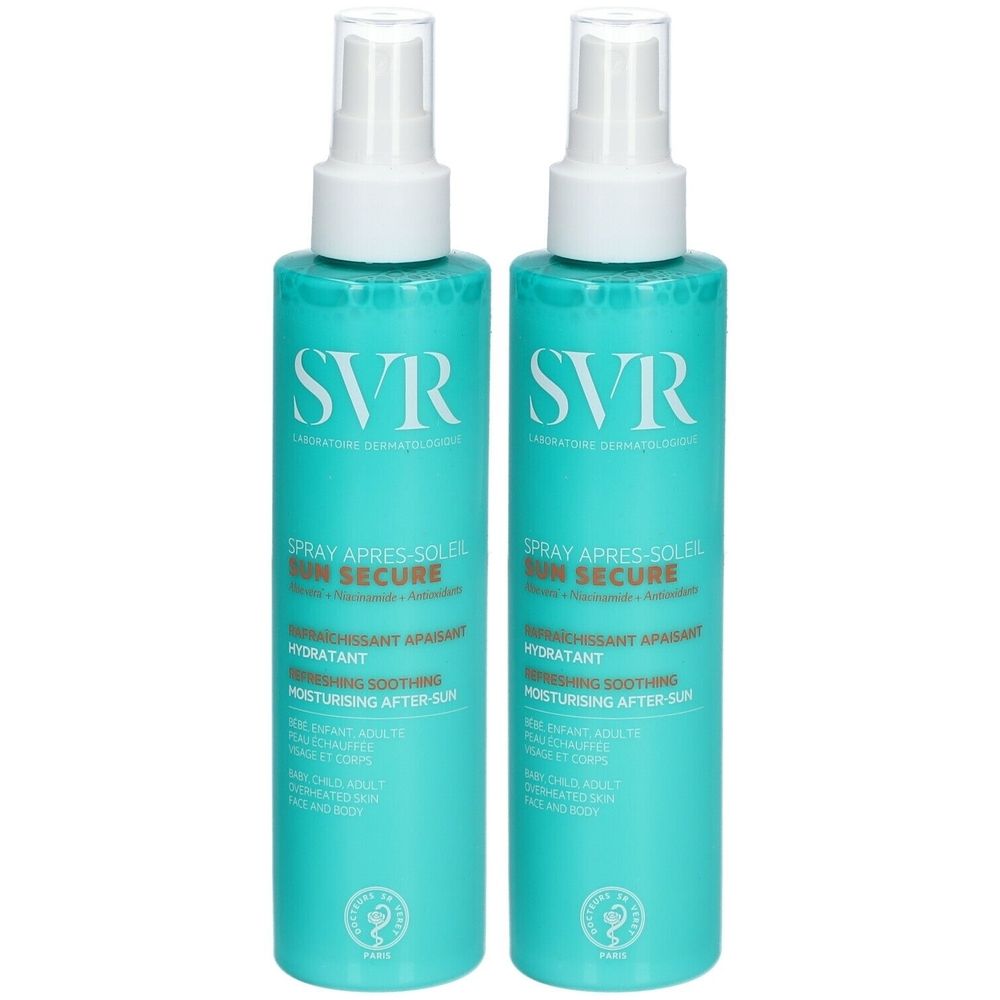 Deux sprays turquoise avec bouchon blanc. Inscription SVR, SUN SECURE, Spray Après-Soleil. Avec logo de certification.