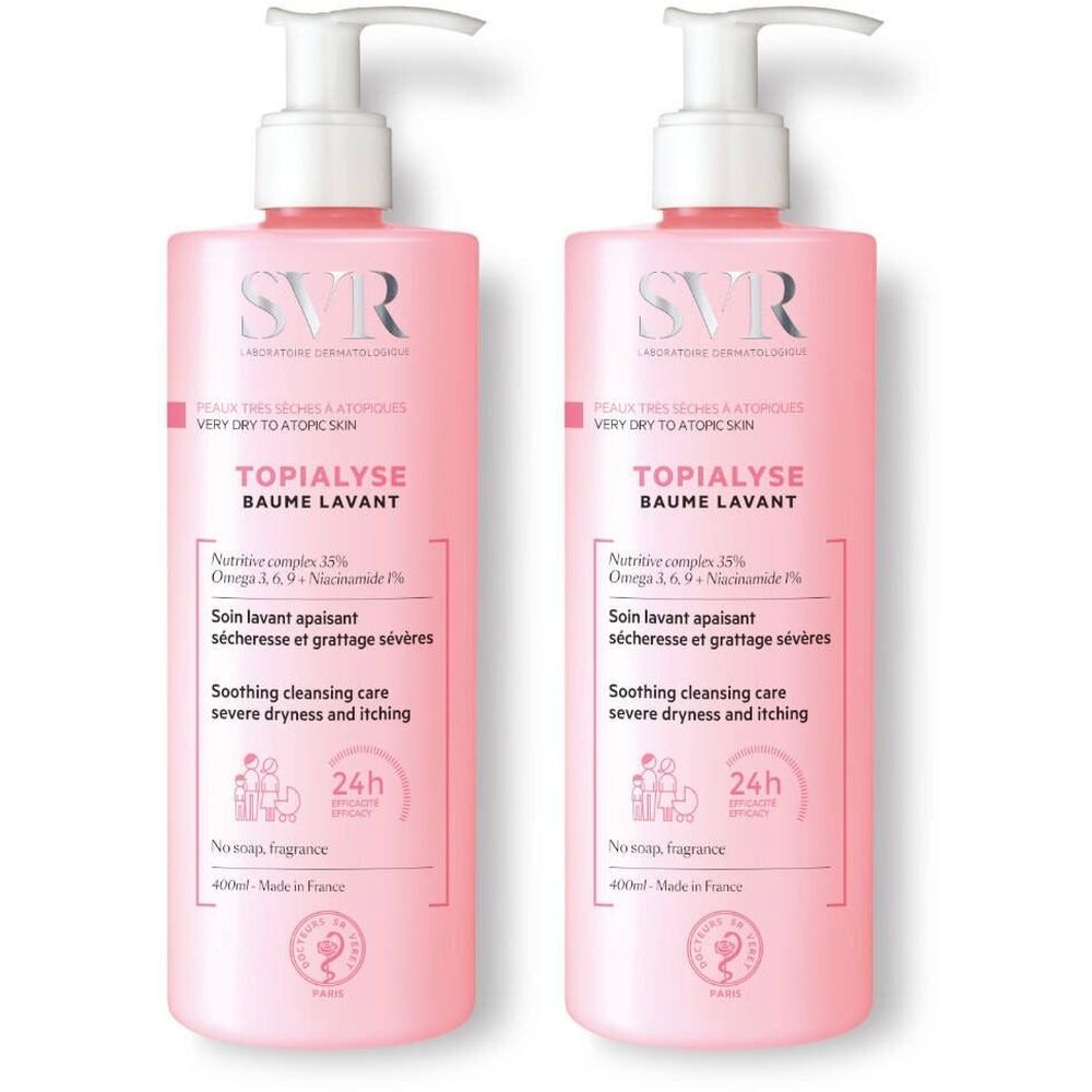 Twee roze flessen met witte pomp. Opschrift SVR, TOPIALYSE, Baume Lavant. Tekst: Soin lavant apaisant, 24h werkzaamheid.