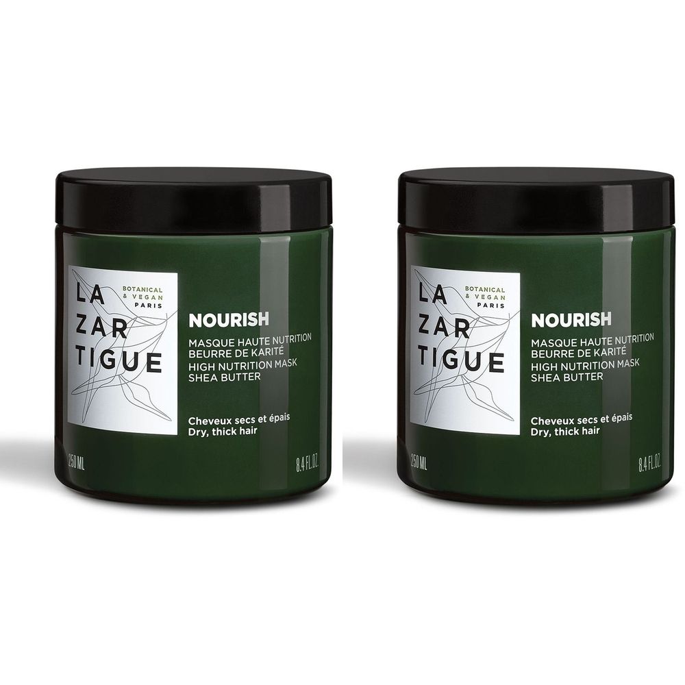 Twee groene potten met zwarte deksels. Op de voorkant staat "LAZARTIGUE NOURISH" en productinformatie. Voor droog, dik haar.