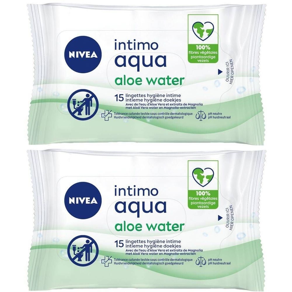 Deux paquets de lingettes intimes NIVEA Intimo Aqua Aloe Water. Emballage blanc avec texte bleu et vert. 15 lingettes.
