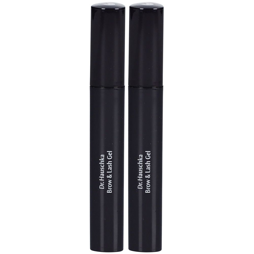 Twee zwarte gel tubes. Opschrift: Dr. Hauschka Brow & Lash Gel.