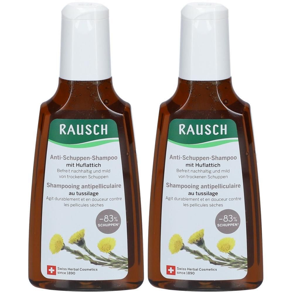 Twee flessen anti-roos shampoo met hoefblad. Bruine flessen met witte dop. Opschrift: RAUSCH, Anti-Schuppen-Shampoo.