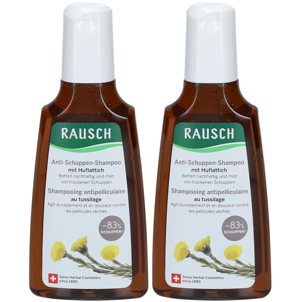Twee flessen anti-roos shampoo met hoefblad. Bruine flessen met witte dop. Opschrift: RAUSCH, Anti-Schuppen-Shampoo.