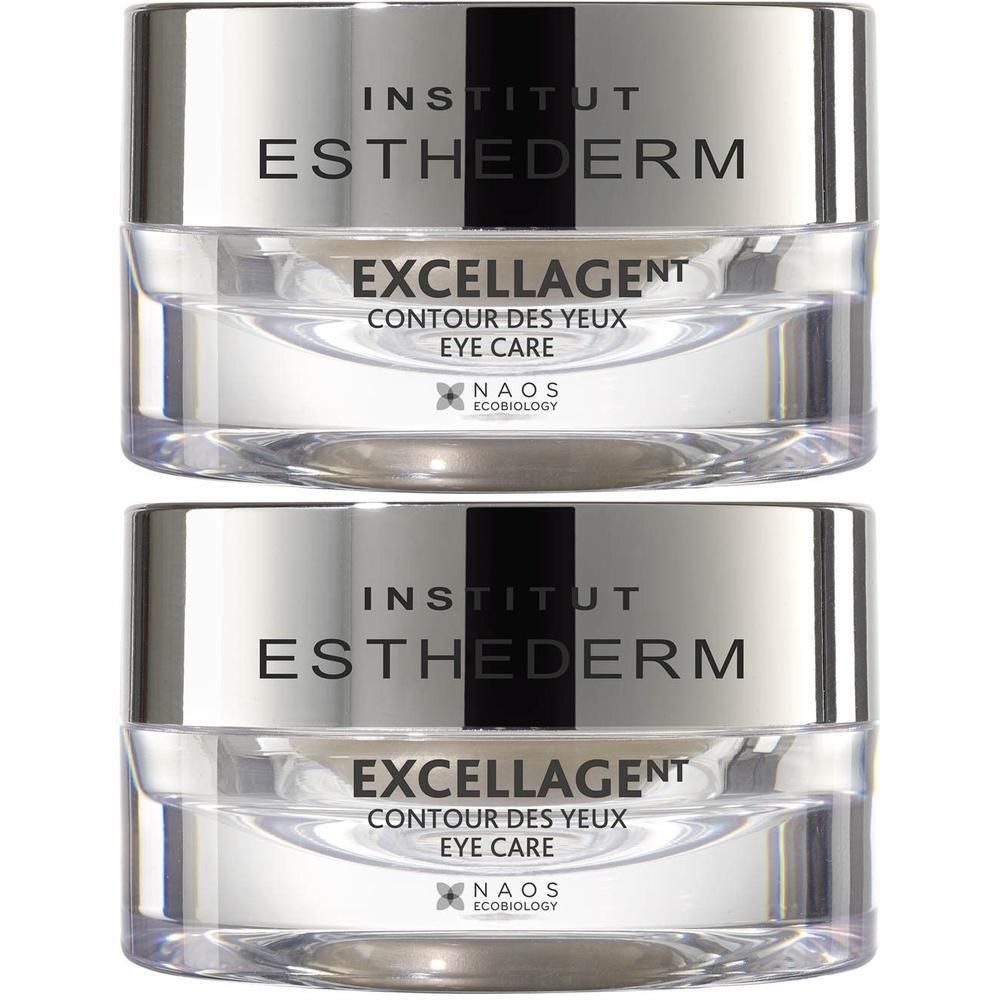 Deux pots de soin pour les yeux, couvercle argenté, base transparente. Inscription: Institut Esthederm, Excellagent, Eye Care.