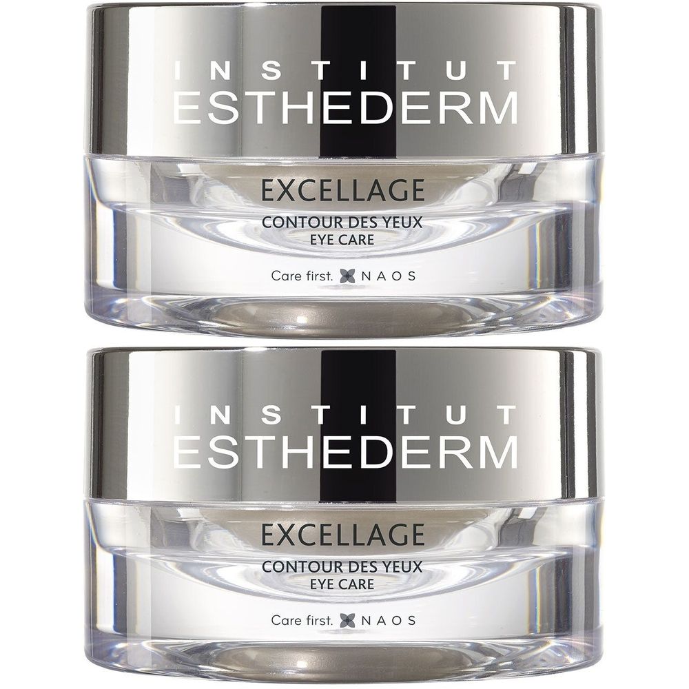 Twee potjes oogverzorging, zilveren deksel, transparante basis. Opschrift: Institut Esthederm, Excellage, Eye Care.