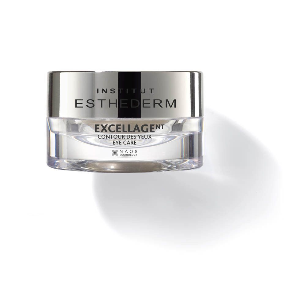 Pot de soin pour les yeux, couvercle argenté, base transparente. Inscription: Institut Esthederm, Excellagent, Eye Care.
