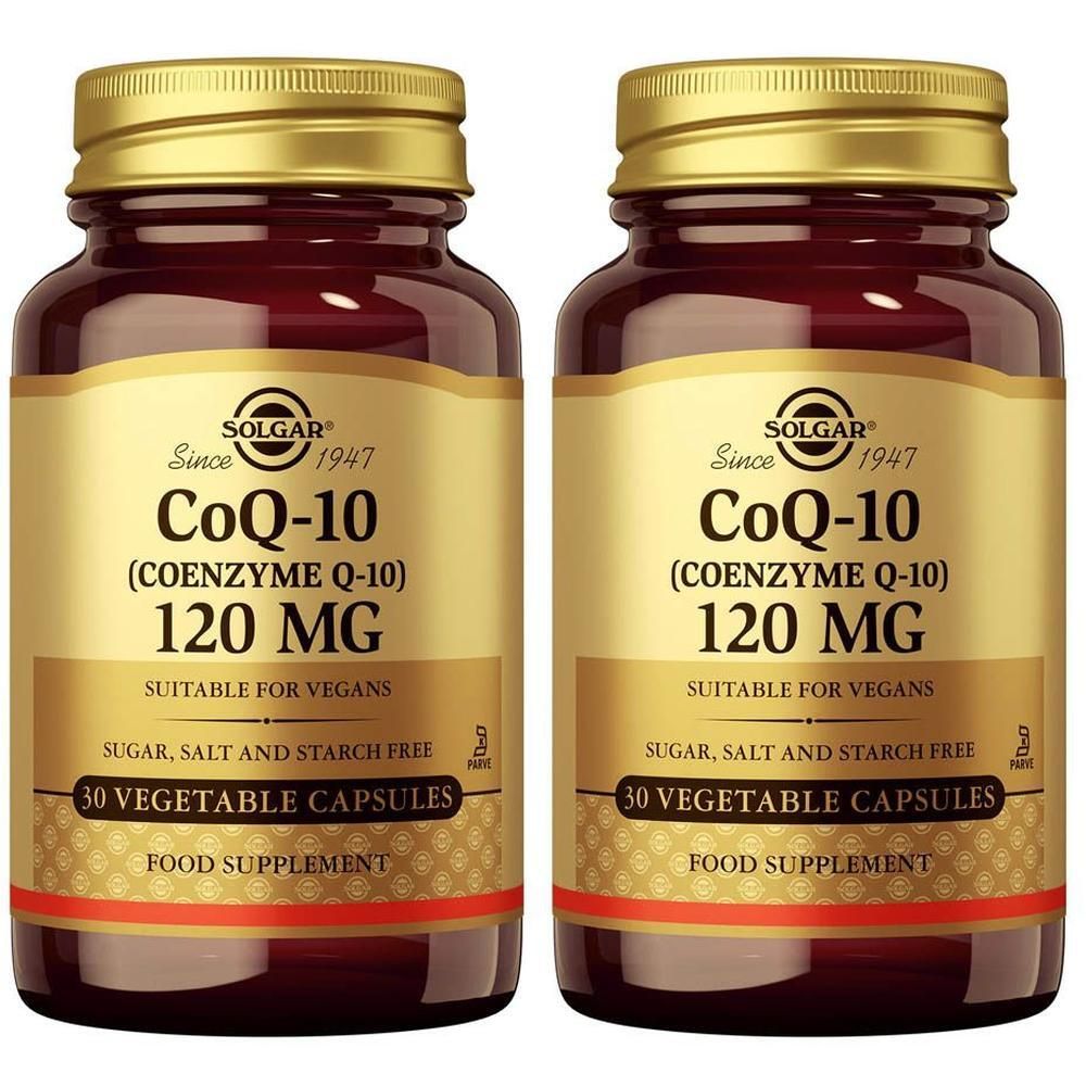 Twee flessen Solgar Co-enzym Q-10 120 mg, 30 plantaardige capsules per fles.