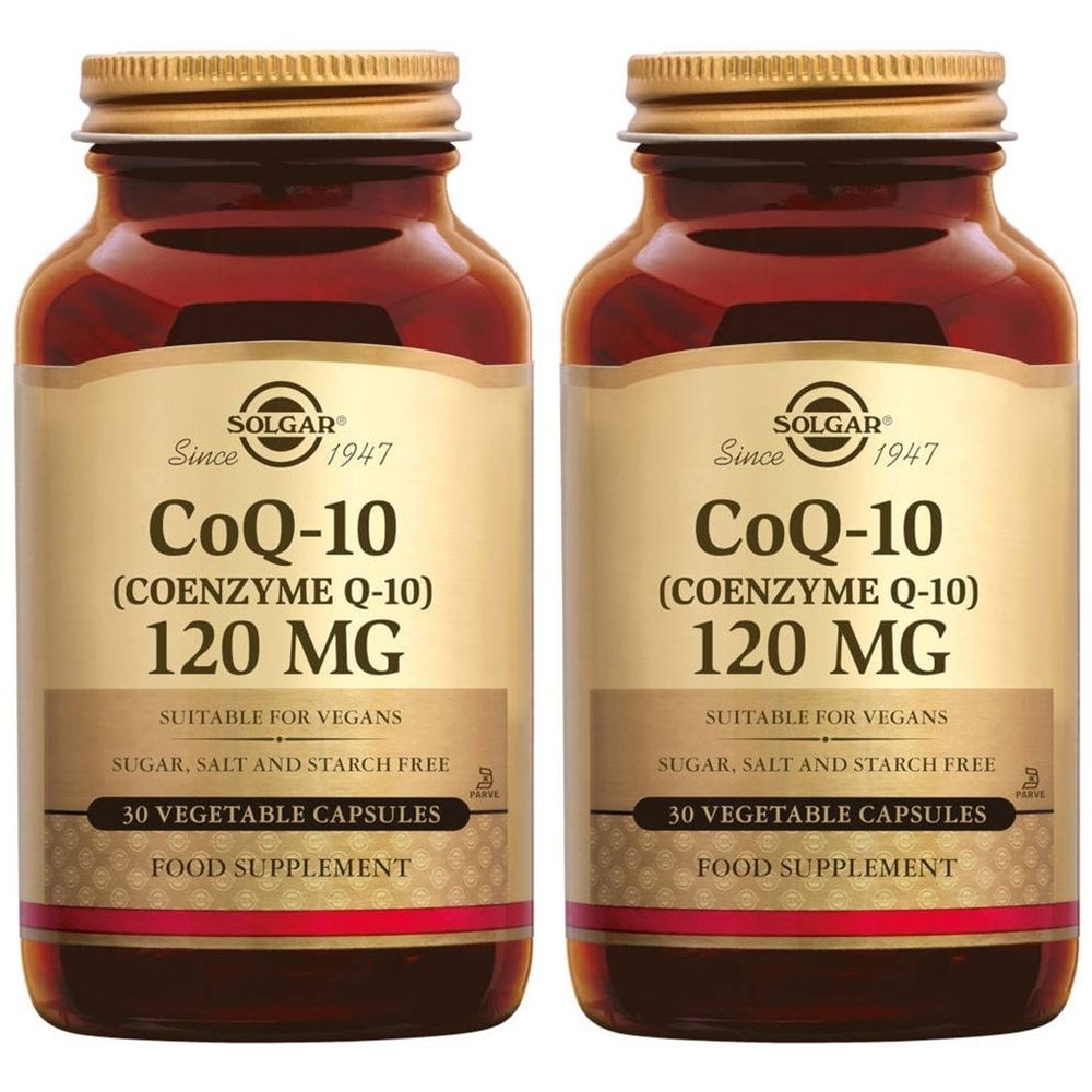 Deux flacons de Solgar Coenzyme Q-10 120 mg, 30 gélules végétales par flacon.