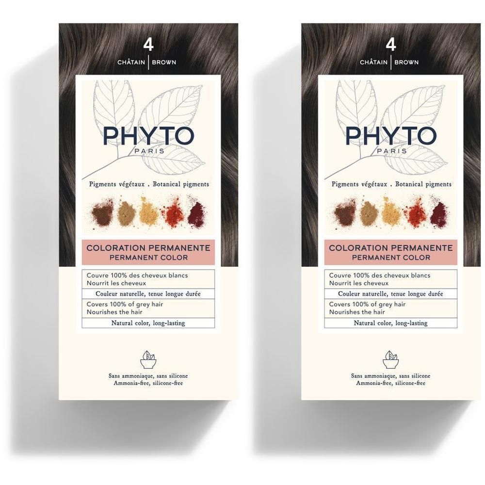 Twee pakken PHYTO COLOR 4 Kastanje permanente haarkleur. Dekt 100% grijs haar.