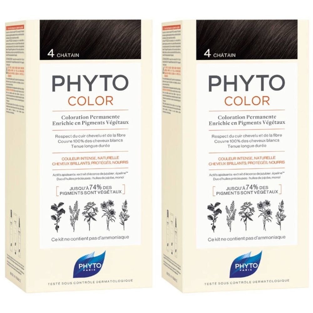 Twee dozen haarverf. Opschrift: PHYTO COLOR, 4 Châtain. Permanente kleuring met plantaardige pigmenten.