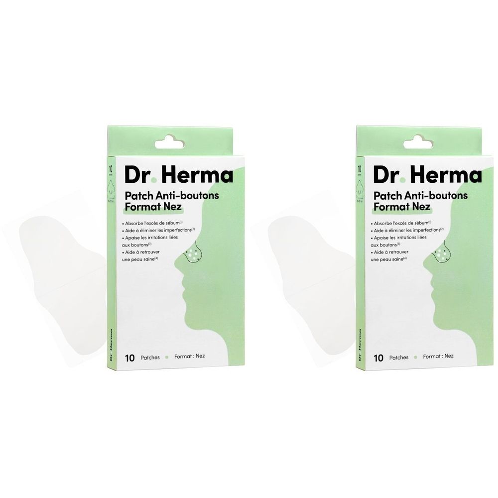 Twee groene verpakkingen met de tekst Dr. Herma, Patch Anti-boutons Format Nez. Witte pleisters ernaast.