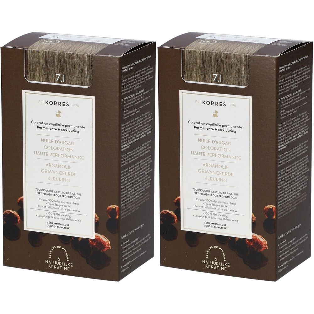 Twee dozen KORRES haarkleuring. Opschrift: Huile d'argan Coloration Permanente BLOND CENDRÉ 7.1. Bruine verpakking.