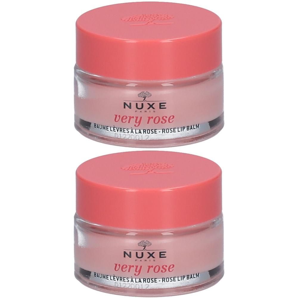 Deux pots de baume à lèvres roses, couvercles roses. Inscription: Nuxe Very Rose, Baume lèvres à la rose.