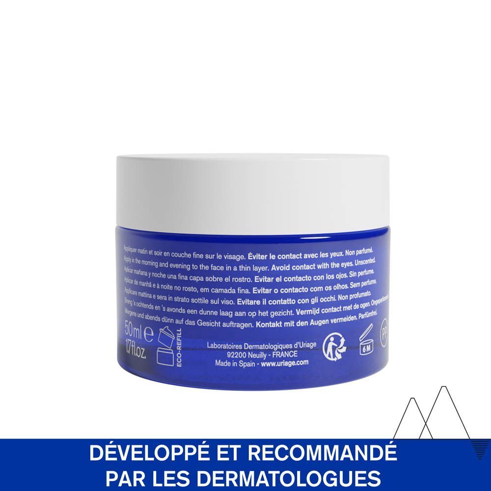 Dos d'un pot bleu. Texte: Laboratoires Dermatologiques d'Uriage, 92200 Neuilly - FRANCE.