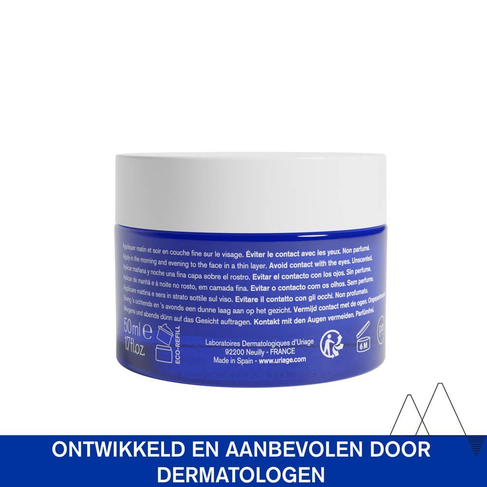 Achterkant van een blauwe pot. Tekst: Laboratoires Dermatologiques d'Uriage, 92200 Neuilly - FRANCE.