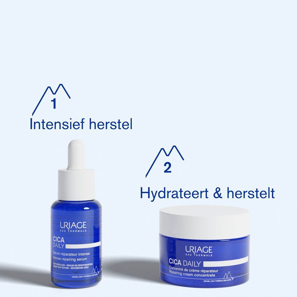 Twee blauwe flacons en potten. Tekst: Intensief herstel, Hydrateert & herstelt. Uriage Cica Daily.