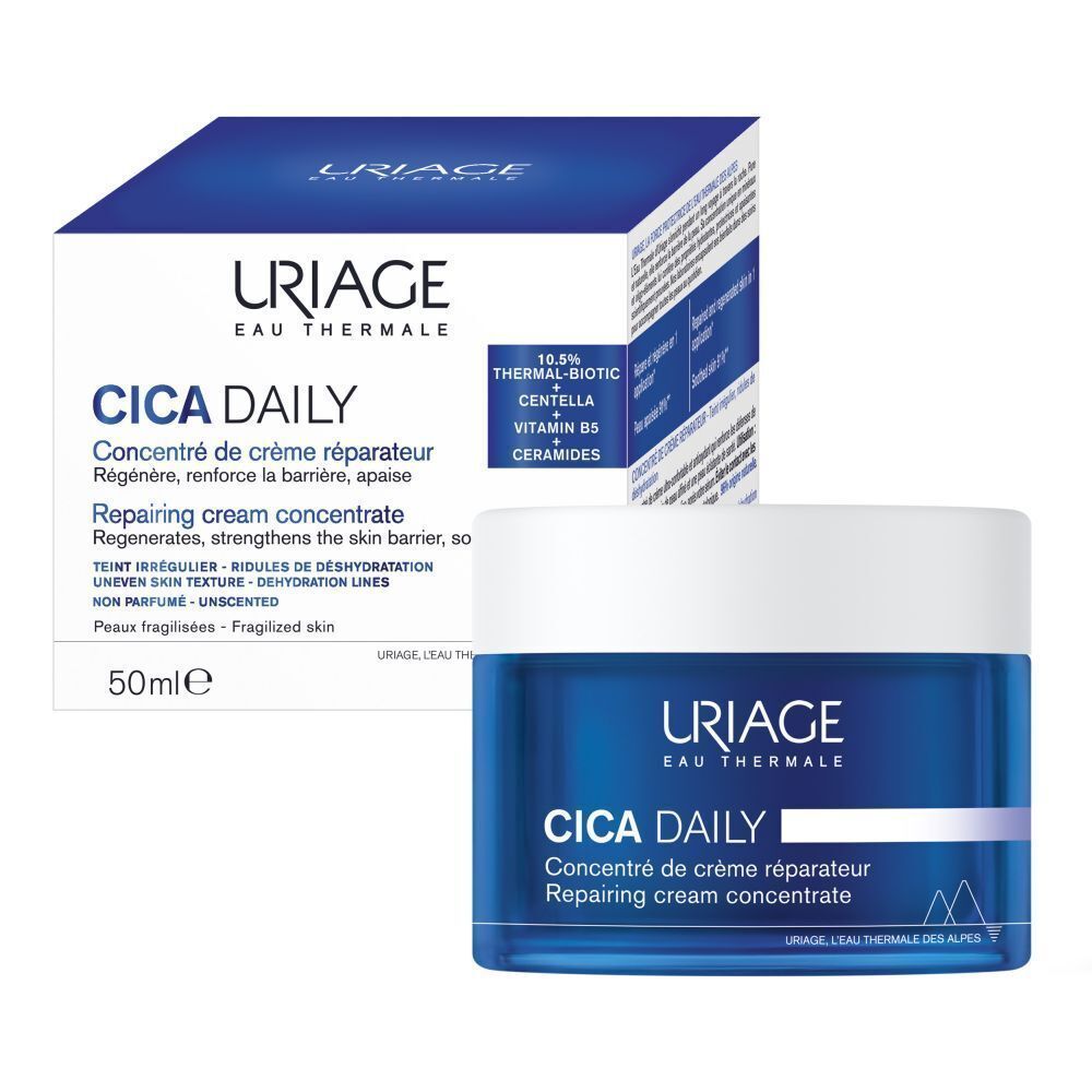 Verpakking en pot Uriage Cica Daily. Tekst: Concentré de crème réparateur, Repairing cream concentrate.