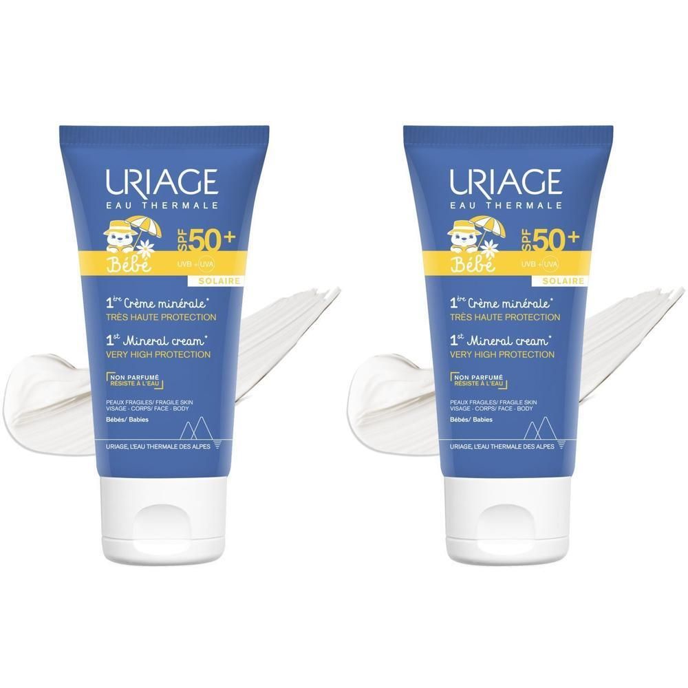 Deux tubes de crème minérale Uriage Bébé SPF50+. Produit avec de la crème blanche. Tube bleu avec des accents jaunes.