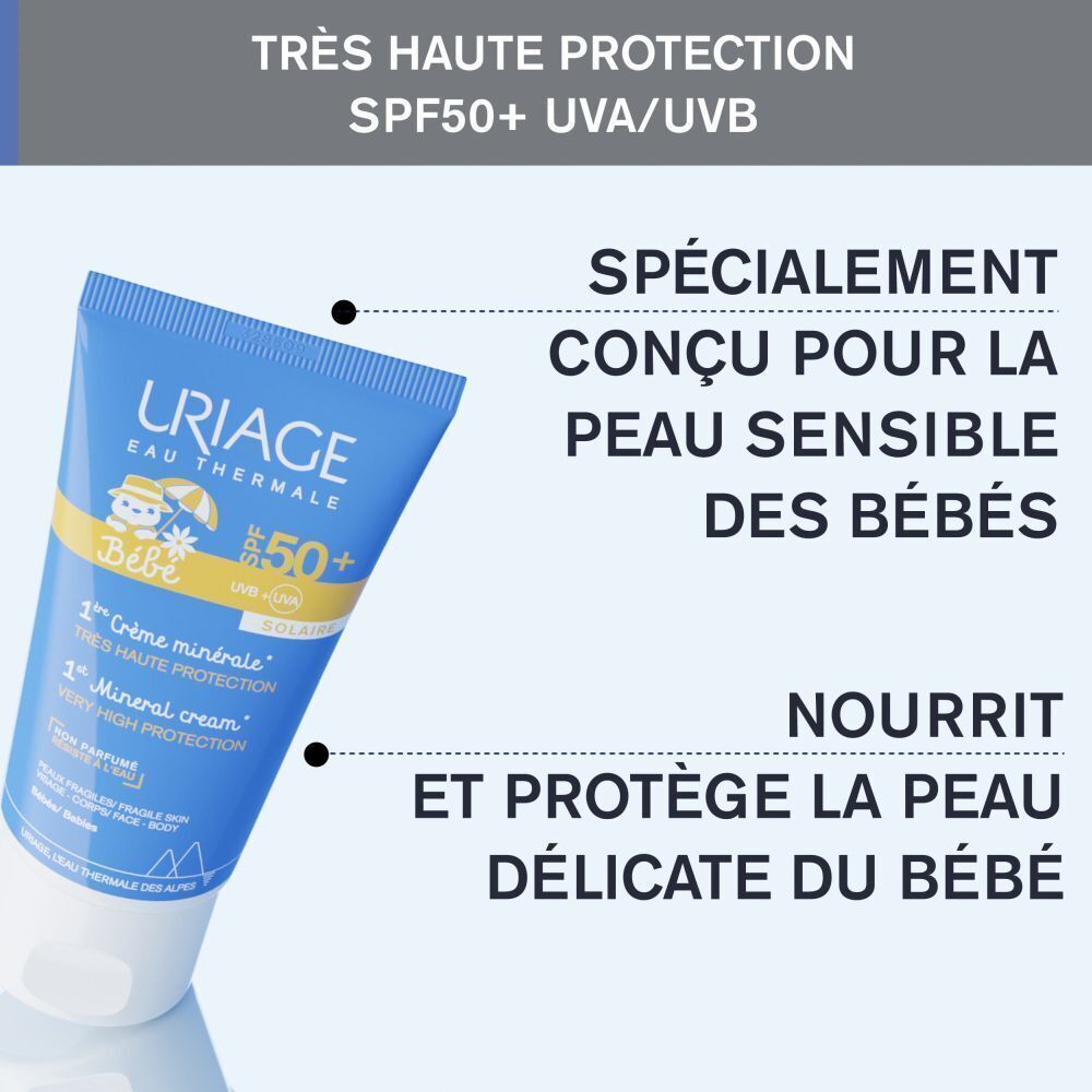 Uriage Bébé Mineral-Creme SPF50+. Texte : Spécialement conçu pour la peau sensible des bébés. Nourrit et protège.