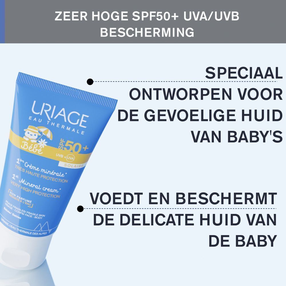 Uriage Bébé Mineral-Creme SPF50+. Tekst: Speciaal ontworpen voor de gevoelige huid van baby's. Voedt en beschermt.