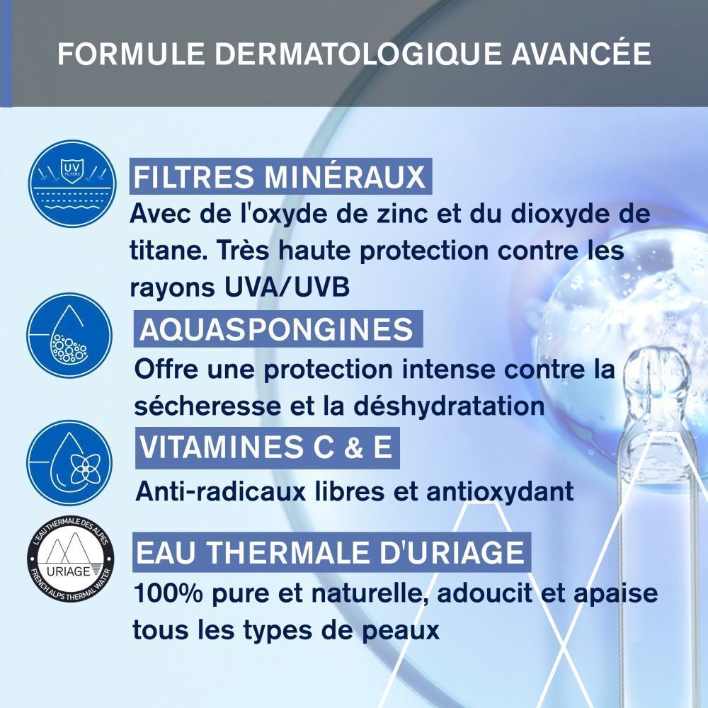 Uriage Bébé Mineral-Creme SPF50+. Texte : Filtres minéraux, Aquaspongines, Vitamines C & E, Eau Thermale d'Uriage.
