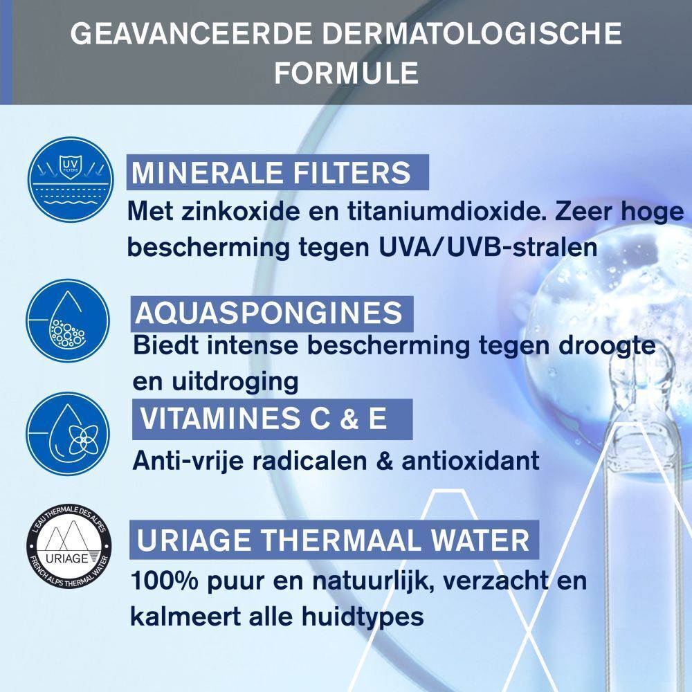 Uriage Bébé Mineral-Creme SPF50+. Tekst: Minerale filters, Aquaspongines, Vitamines C & E, Uriage Thermaal Water.