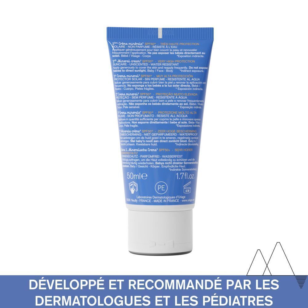 Dos de la crème minérale Uriage Bébé SPF50+. Texte : Crème minérale solaire, non parfumée, résiste à l'eau. 50ml.
