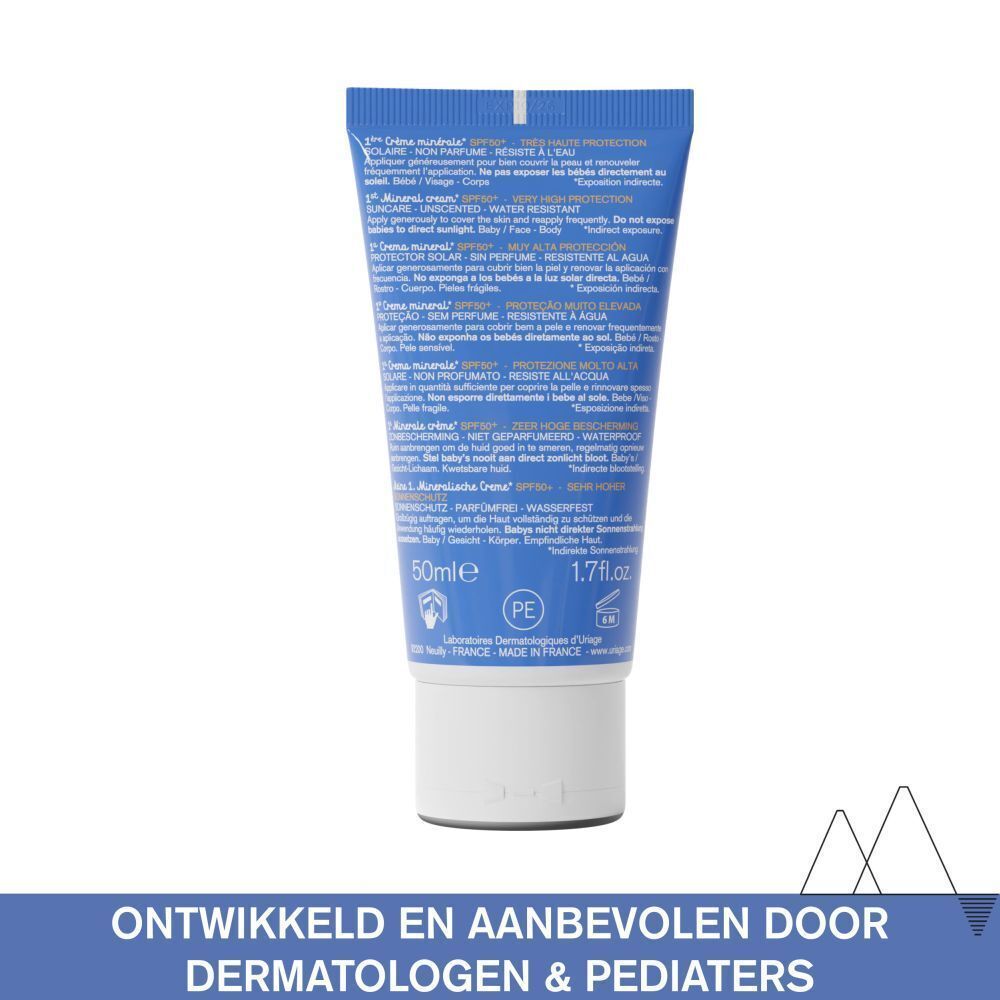 Achterkant van Uriage Bébé Mineral-Creme SPF50+. Tekst: Crème minérale solaire, non parfumée, résiste à l'eau. 50ml.
