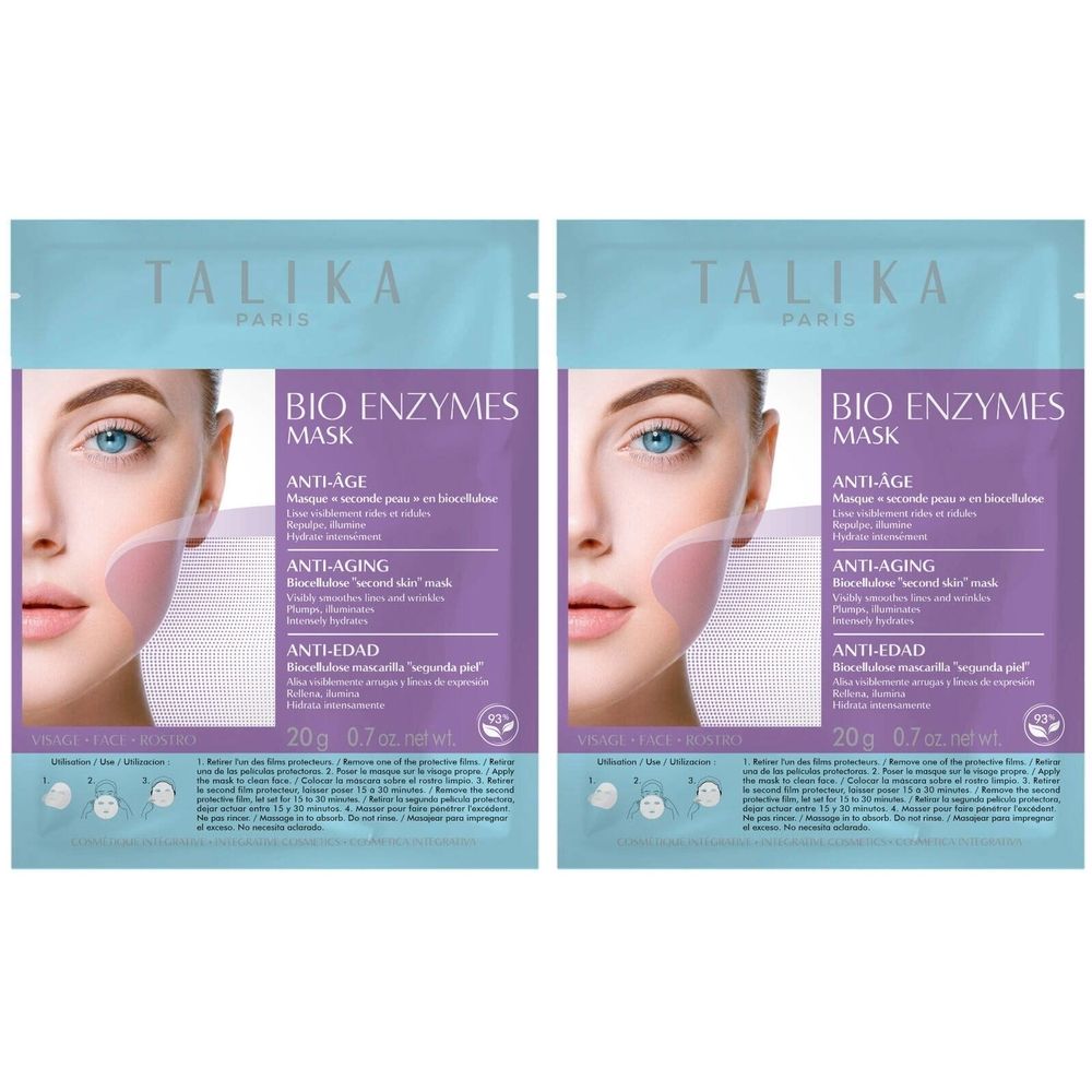Twee zakjes gezichtsmaskers. Opschrift: TALIKA PARIS, BIO ENZYMES MASK, Anti-Age. Afbeelding van een gezicht.