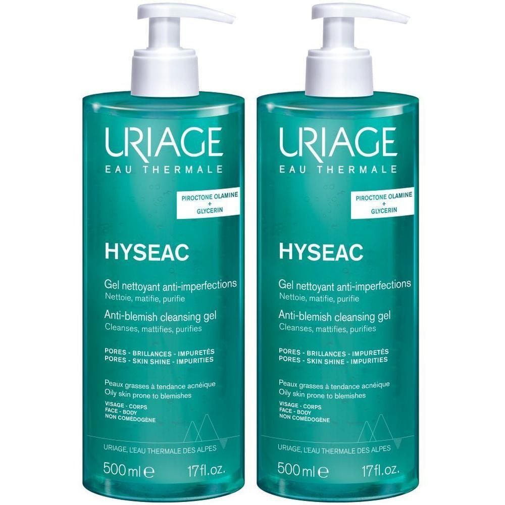 Deux flacons de gel nettoyant anti-imperfections Uriage Hyséac. Liquide vert dans flacons transparents avec pompe blanche. Texte sur étiquette.