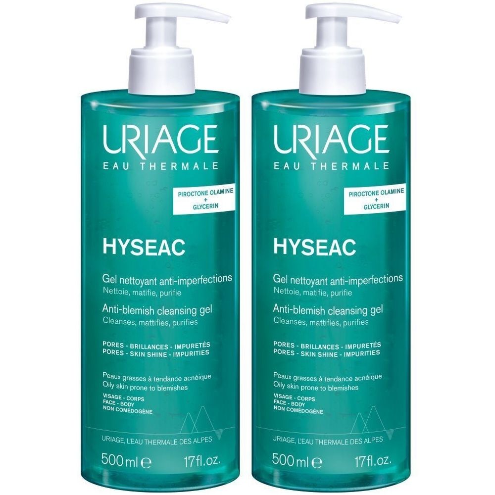 Deux flacons de gel nettoyant anti-imperfections Uriage Hyséac. Liquide vert dans flacons transparents avec pompe blanche. Texte sur étiquette.