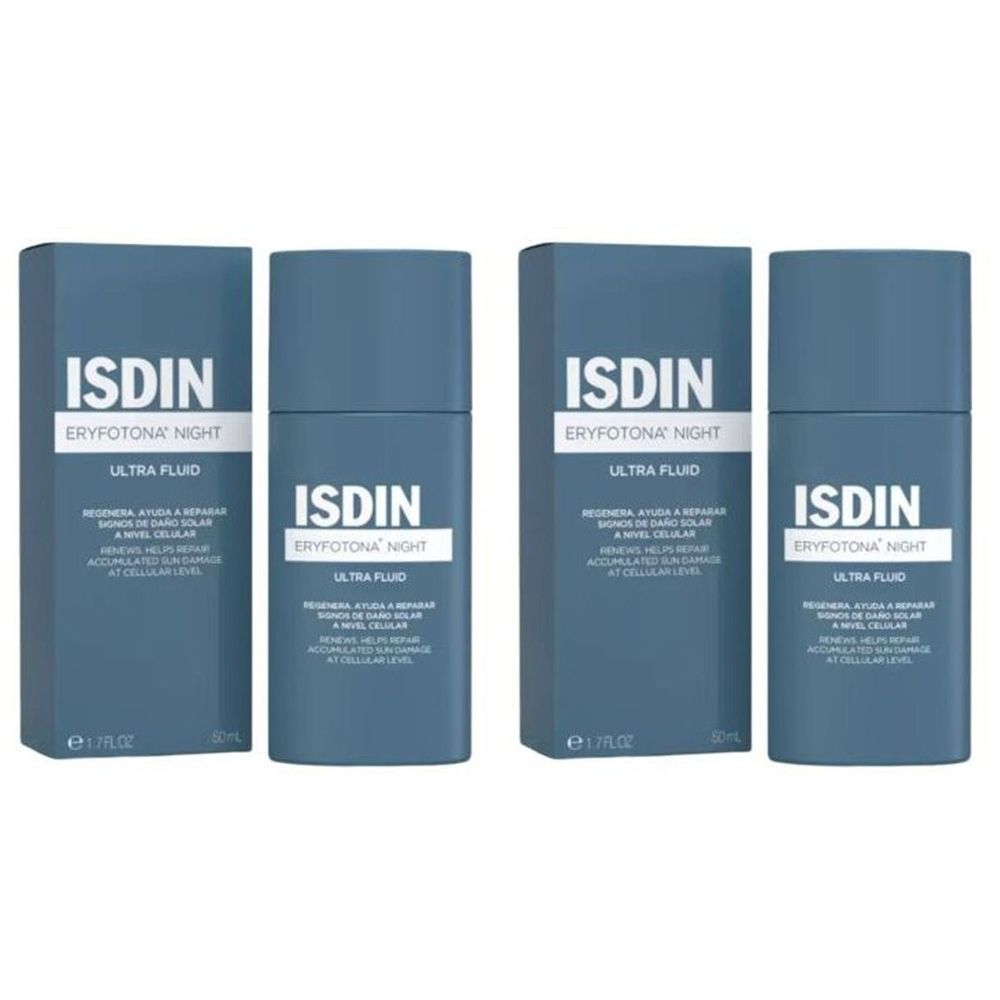 Vier flessen ISDIN Eryfotona Night Ultra Fluid. Blauwe flessen en dozen met witte tekst. Productnaam en merk duidelijk zichtbaar.