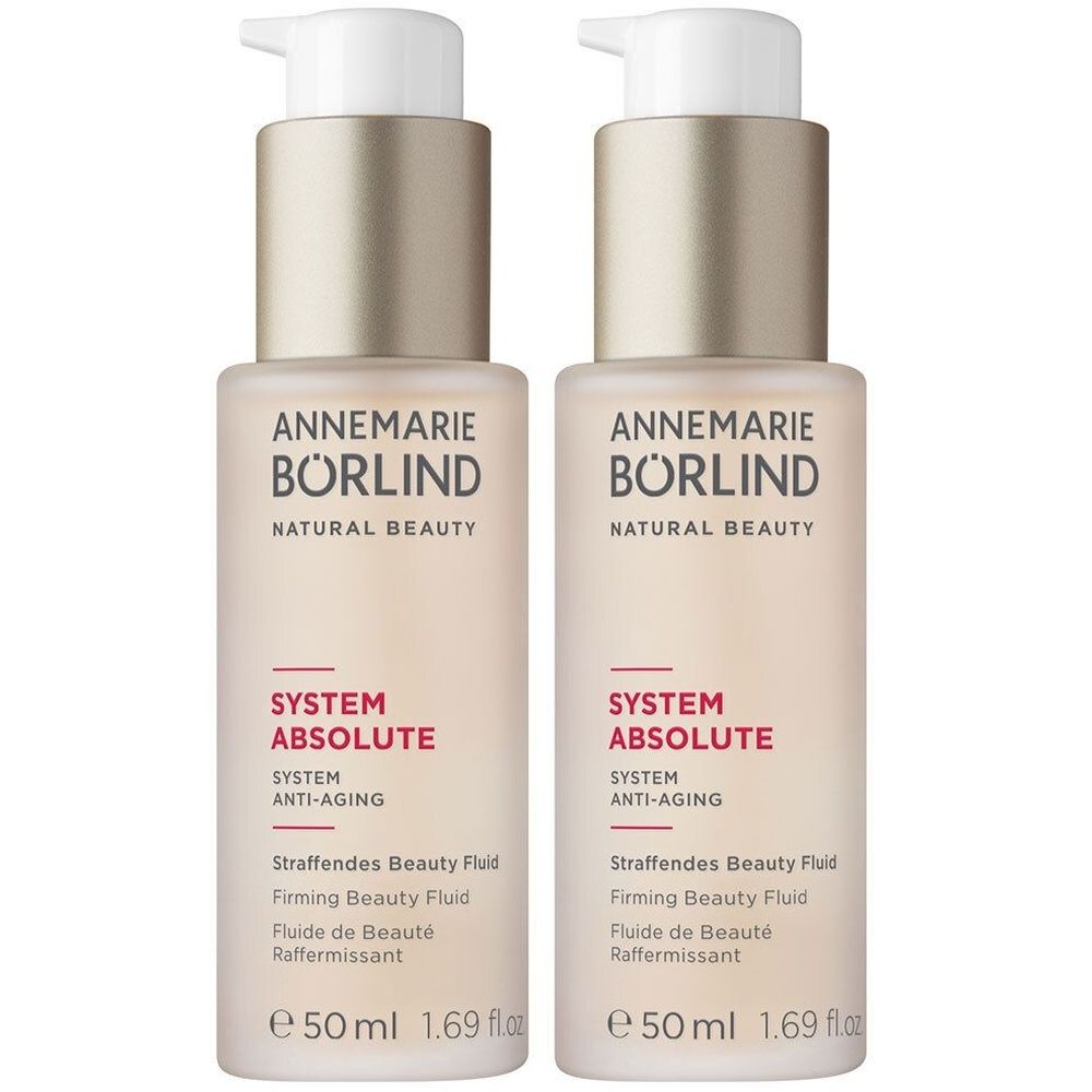 Twee flessen met pompen. Opschrift: ANNEMARIE BÖRLIND, SYSTEM ABSOLUTE, Anti-aging. Tekst in het Duits, Engels en Frans. 50 ml.