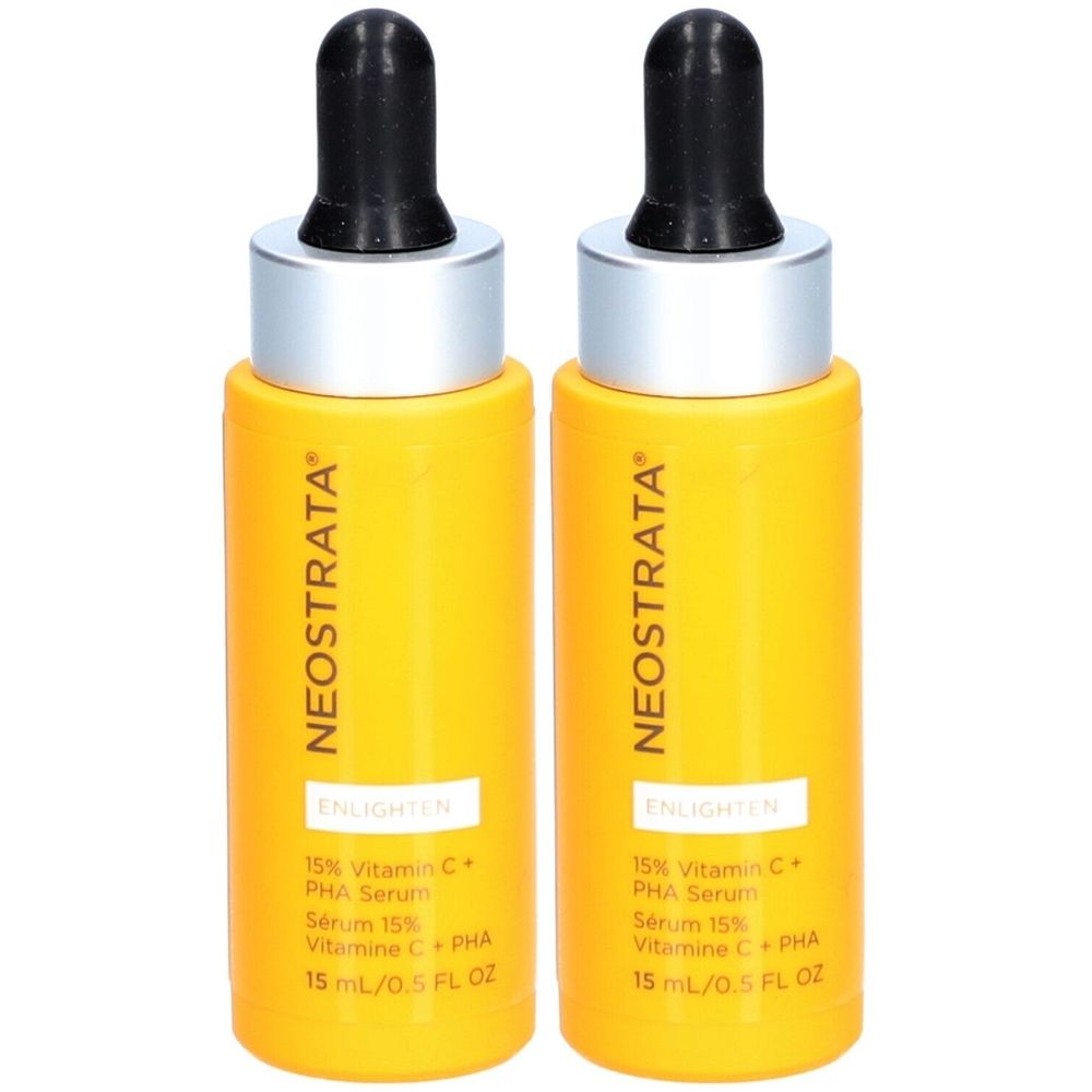 Twee gele flacons met zwarte pipetten. Opschrift: NEOSTRATA, ENLIGHTEN, 15% Vitamine C PHA Serum, 15 ml/0,5 FL OZ.