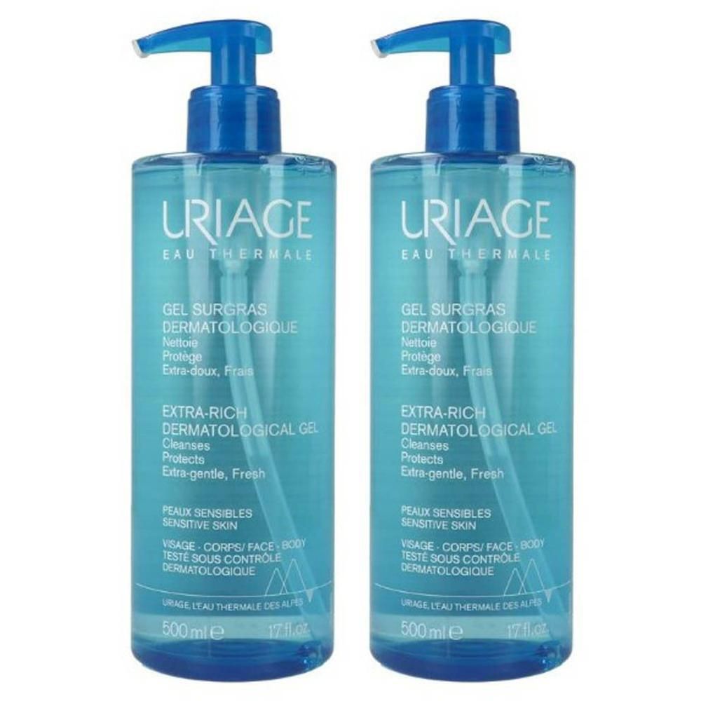 Twee blauwe flessen Uriage Gel Surgras Dermatologisch met pomp. 500 ml.