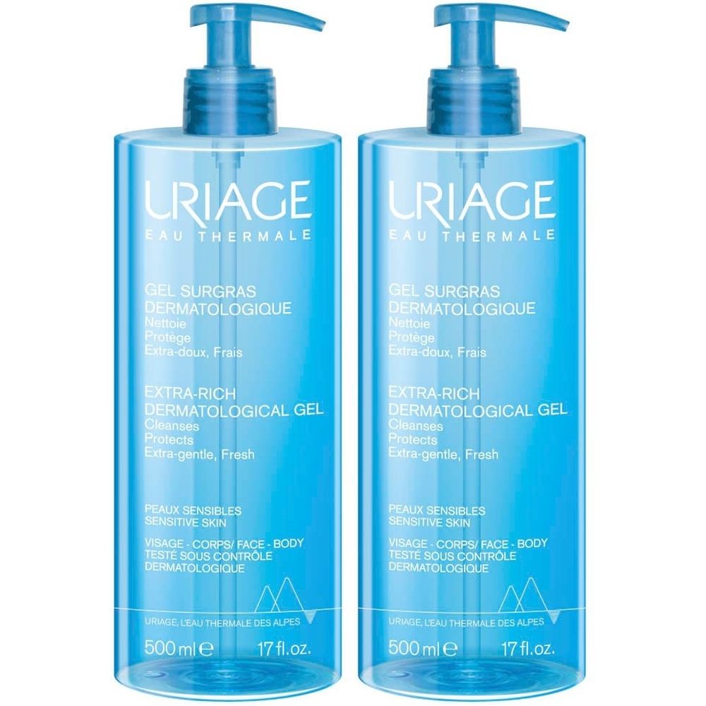 Deux flacons bleus Uriage Gel Surgras Dermatologique avec pompe. 500 ml.