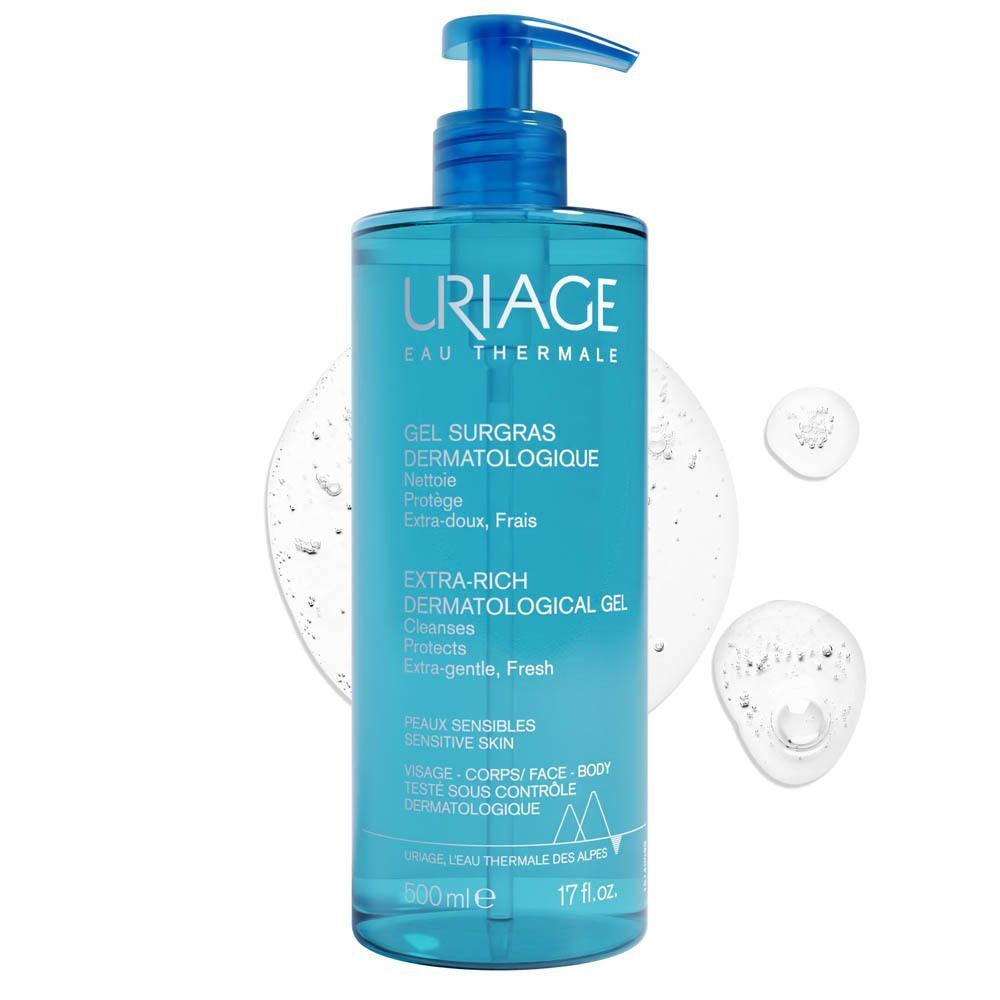 Deux flacons bleus Uriage Gel Surgras Dermatologique avec pompe. 500 ml.